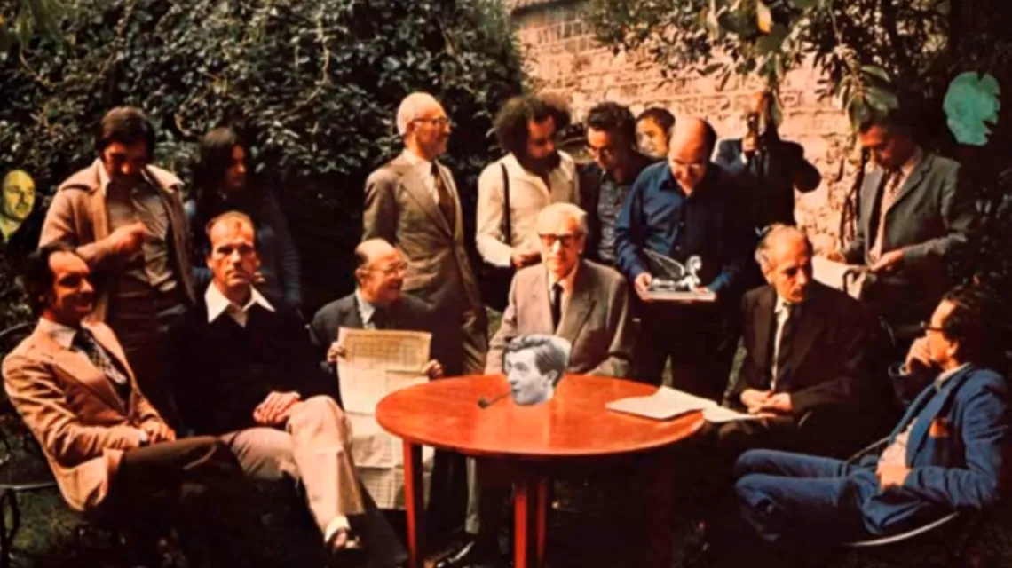 Chyba najbardziej znane zdjęcie grupy OuLiPo, w środku Georges Perec. Fot. YouTube/Pumiceous