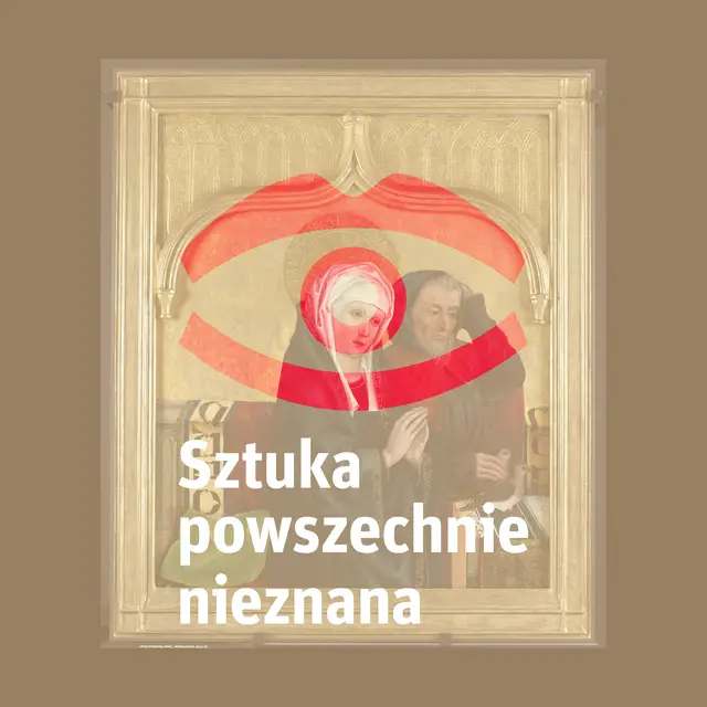 W tle: kwatera z fragmentem Ofiarowania Dzieciątka w świątyni z ołtarza głównego z kościoła św. Elżbiety z Wrocławia, 1462, Muzeum Narodowe w Warszawie / Wikimedia Commons