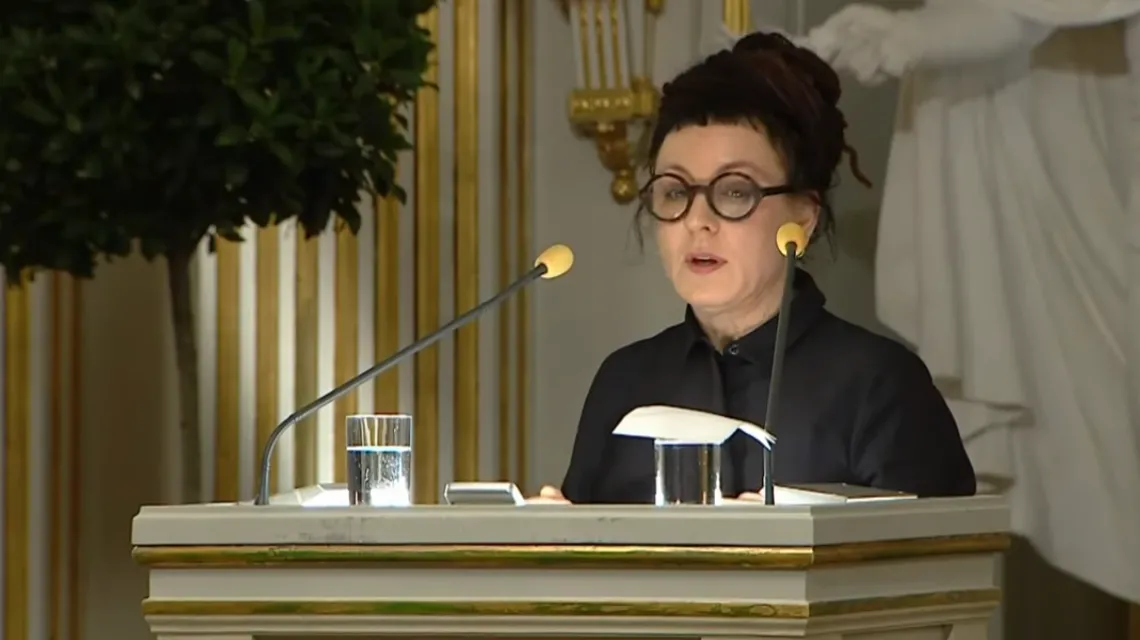 Olga Tokarczuk wygłasza wykład noblowski, Sztokholm 7 grudnia 2019 r.  / Kadr z kanału Nobel Prize/YouTube