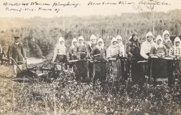 Pocztówka fotograficzna przedstawiająca kobiety duchoborców ciągnące pług.  Kolonia Północna w prowincji Saskatchewan. Kanada, 1907 r. / DOMENA PUBLICZNA / LIBRARY AND ARCHIVES CANADA