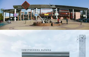 Powyżej: Dworzec Częstochowa Główna. Poniżej: wizualizacja jego przebudowy. Koncepcja pracowni TOPROJEKT (Rybnik), AND STUDIO (Paryż) oraz STUDIO ANTONINI (Paryż). / PRZYKUTA / CREATIVE COMMONS // POLSKIE KOLEJE PAŃSTWOWE S.A. / MATERIAŁY PRASOWE