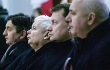 Marek Kuchciński, Jarosław Kaczyński, Mariusz Błaszczak i Joachim Brudziński, luty 2016 r. / Fot. Maciej Łuczniewski / REPORTER