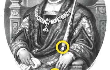 Zygmunt I Stary, sztych Aleksandra Lessera z XIX w. (zaznaczono okucia berła podobne do znalezionych w dominikańskim klasztorze). / 