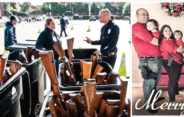Z lewej: od 2012 r. policja w Los Angeles skupuje od mieszkańców broń. Jako rekompensatę dostają oni bon towarowy wartości 100-200 dolarów. Z prawej: rodzinna pocztówka Michele Fiore, senator stanowej z Newady.  / Fot. Ted Soqui / CORBIS / GETTY IMAGES