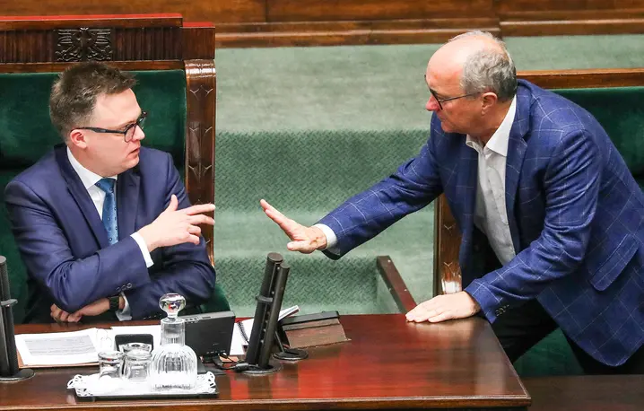 Marszalek Sejmu Szymon Hołownia, wicemarszałek sejmu Wlodzimierz Czarzasty, drugi dzień pierwszego posiedzenia sejmu X kadencji. Warszawa, 14 listopada 2023 r. // Fot. Sławomir Kamiński / Agencja Wyborcza.pl 