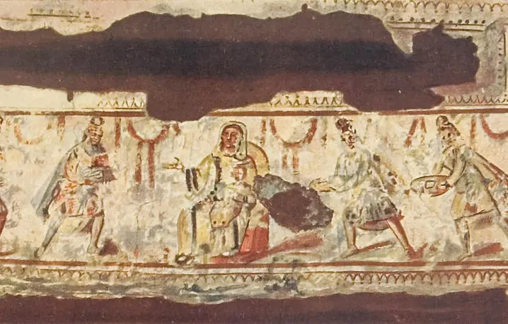 Il. 1. Pokłon Mędrców, malowidło z katakumb Domitylli, 1 poł. IV w., wg Die Malereien der Katakomben Roms (Tafeln), Freiburg i.Br., 1903, ed. Wilpert, Joseph, tablica 116 // Heidelberg University Library 