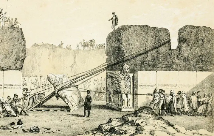Wykopaliska Austena H. Layarda w Niniwie, przygotowania do transportu zabytków do Londynu, 1849 r. // domena publiczna