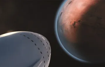 Wizualizacja statku kosmicznego ITS zbliżającego się do Marsa / / SpaceX