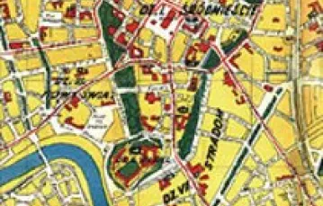 Fragment planu Krakowa z lat 30. Na czerwono zaznaczono linie tramwajowe / 