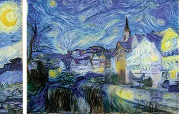 Komputerowy van Gogh: obraz po prawej został wygenerowany przez Sztuczną Inteligencję na podstawie fotografii z lewej oraz słynnego dzieła „Gwiaździsta noc” holenderskiego postimpresjonisty. / DEEPART.IO