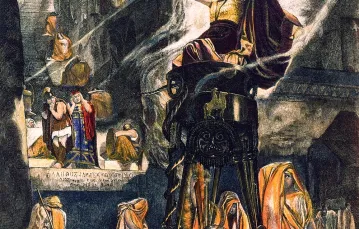 Wieszczka Pytia w świątyni Apolla w Delfach. Drzeworyt z ok. 1890 r. na podstawie obrazu Henriego Motte, kolor dodany później / AKG / EAST NEWS