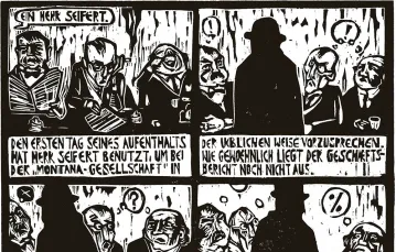 Kadr z powieści graficznej „Morderstwo w szybie windy” Waltera Benjamina i Bertolta Brechta, ilustracje Steffen Thiemann / AKADEMIE DER KÜNSTE / WYDAWNICTWO LOKATOR