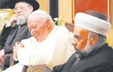 Jan Paweł II, rabin Meir Lau i szejk Taisir al-Tamimi na spotkaniu międzyreligijnym w Jerozolimie, 23 marca 2000 r. (fot. KNA-Bild) / 