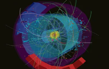 Wizualizacja torów cząstek po zderzeniu w detektorze ALICE / CERN / 