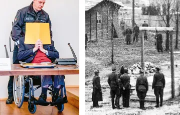 Z lewej: Bruno Dey przed sądem w Hamburgu, 15 listopada  2019 r. Z prawej: egzekucja Rudolfa Hößa na terenie Auschwitz, 16 kwietnia 1947 r. / AXEL HEIMKEN / EAST NEWS // ARCHIWUM IPN / AXEL HEIMKEN / EAST NEWS // ARCHIWUM IPN