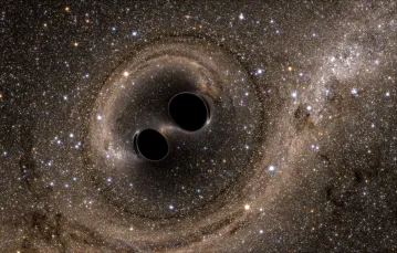 Wizualizacja zderzenia dwóch czarnych dziur, które było źródłem fali grawitacyjnej, zaobserwowanej przez Ligo 14 września 2015 r. /  / Fot. Wizualizacja: LIGO 