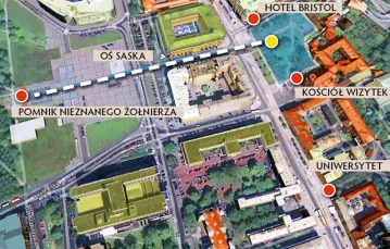 Pomnik wszystkich ofiar katastrofy prezydenckiego samolotu powinien stanąć na Krakowskim Przedmieściu, między kościołem Wizytek a hotelem Bristol. Albo przy przebudowywanym placu Na Rozdrożu, przed budowanym tam Muzeum Historii Polski / mapa: Google Earth / 