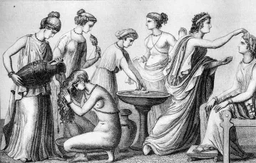 Życie w starożytnej Grecji: po lewej stronie codzienność kobiet, po prawej – rytuał pogrzebowy. Ilustracja historyczna / BILDAGENTUR / GETTY IMAGES