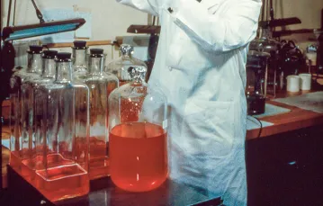 Dr Jonas Salk (1914–1995), wynalazca szczepionki na polio, w swoim laboratorium. Połowa lat 50. XX w. / 