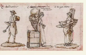 Claude-Louis Desrais, Paryscy uliczni sprzedawcy (przeł. XVIII/XIX w.). Od lewej – kapelusze, obuwie, gazety, garnki, warzywa, żywe karpie. / GALLICA.NET