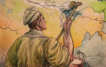 Plakat Františka Parolka z maja 1918 r. „Bílíme!!” („Wybielamy!”), wzywający czecho­słowackie legiony do usunięcia „czerwonych” z trasy kolei transsyberyjskiej. / FRANTIŠEK PAROLEK / WIKIPEDIA.ORG