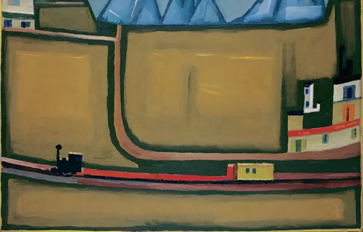 Jerzy Nowosielski, "Pejzaż z kolejką i górami", olej na płótnie, 1964 r. / reprodukcja dzięki uprzejmości archiwum Fundacji Nowosielskich / 