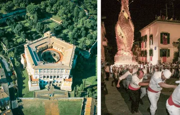 Od lewej: Willa Farnese w Caprarola, Viterbo. Procesja z wieżą św. Róży w Viterbo, wrzesień 2009 r. Mieszkańcy Viterbo podczas procesji z wieżą św. Róży, wrzesień 2018 r. / ADOBE STOCK // STEVE BISGROVE / REX / EAST NEWS // ANTONIO MASIELLO / GETTY IMAGES