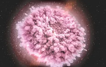 Wizualizacja zderzenia dwóch gwiazd neutronowych, w którym powstająciężkie pierwiastki / NASA