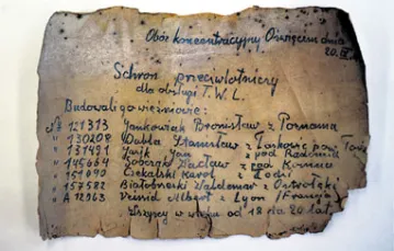 List zostawiony przez więźniów Auschwitz i jego kopia stworzona przez pracownię konserwatorską Muzeum Auschwitz-Birkenau / fot. Tomasz Żurek / Inimaga / 