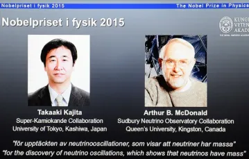 Laureaci nagrody Nobla z Fizyki 2015: 2015 Takaaki Kajita i Arthur B. McDonald /  / Fot. AFP PHOTO / JONATHAN NACKSTRAND