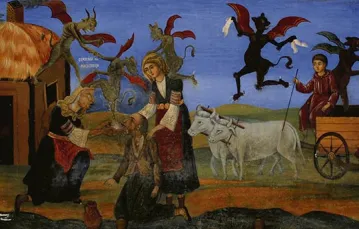 XIX-wieczny fresk na południowej ścianie Monastyru Rilskiego (Bułgaria) przedstawiający diabły, które wdzierają się w ludzki świat / Fot. Małgorzata Fugiel-Kuźminska