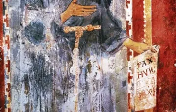 Św. Franciszek na powstałej za jego życia i zachowanej do dziś podobiźnie – XIII-wiecznym fresku z Subiaco, dokąd pielgrzymował śladami św. Benedykta. / Fot. AKG / EAST NEWS