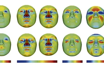 Komputerowe modelowanie kształtu twarzy na podstawie profilu genetycznego. Kolory oznaczają zmiany wartości parametrów przestrzennych modelu. / Fot. PLOS GENETICS