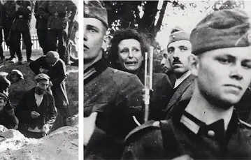 Od lewej: Żydzi kopią grób dla poległych niemieckich żołnierzy, Końskie, 12 września 1939 r. Szok Leni Riefenstahl, uchwycony przez jej operatora, Końskie, 12 września 1939 r. / Fot. IPN i Domena Publiczna