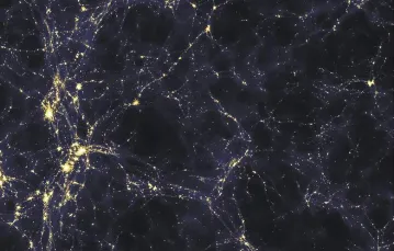 Symulacja komputerowa budowy Wszechświata w wielkiej skali. Widoczne tu włókna zbudowane są z tysięcy galaktyk. Większe, jaśniejsze rejony to gromady galaktyk, zaś ciemne obszary to kosmiczne pustki. / Il. Andrew Pontzen i Fabio Governato