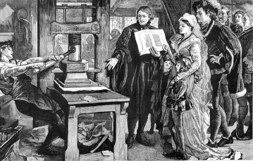 William Caxton przedstawia królowi Edwardowi IV i królowej Elżbiecie swoje druki. Ilustracja z pisma „The Graphic” – w 400. rocznicę pierwszej wydrukowanej w Anglii książki. Czerwiec 1877 r. / il. Domena publiczna