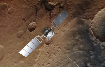 Sonda Mars Express (wyobrażenie artystyczne; tło jest autentycznym zdjęciem powierzchni planety wykonanym przez sondę) / / ESA/ATG medialab; Mars: ESA/DLR/FU Berlin CC BY-SA 3.0 IGO