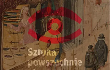 W tle: Kram uliczny, miniatura z Kodeksu Baltazara Behema, pocz. XVI w., Biblioteka Jagiellońska, BJ Rkp. 16, fol. 240 / domena publiczna