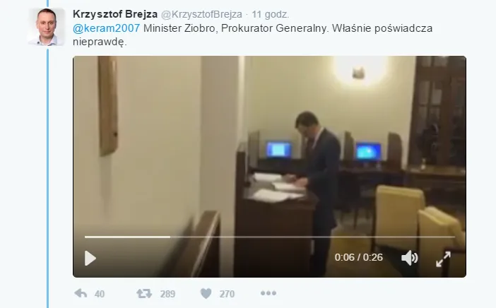 Poseł Krzysztof Brejza napisał na Twitterze, że ministrowie Kamiński, Ziobro i Zieliński podpisali listę obecności po zamknięciu obrad Sejmu oraz opublikował wideo. 16/17 grudnia 2016 r.