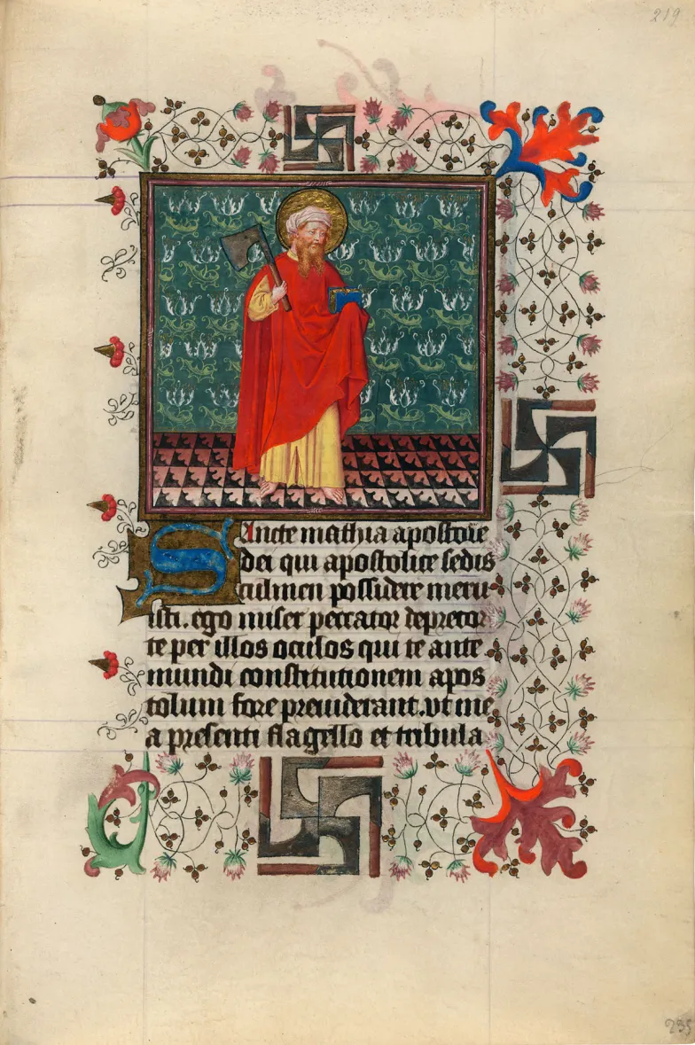 Św. Maciej, Godzinki Katarzyny de Clèves, Utrecht, ok. 1440, The Morgan Library &amp; Museum, MS M.917/945, s. 235 (Image courtesy of Faksimile Verlag Luzern)