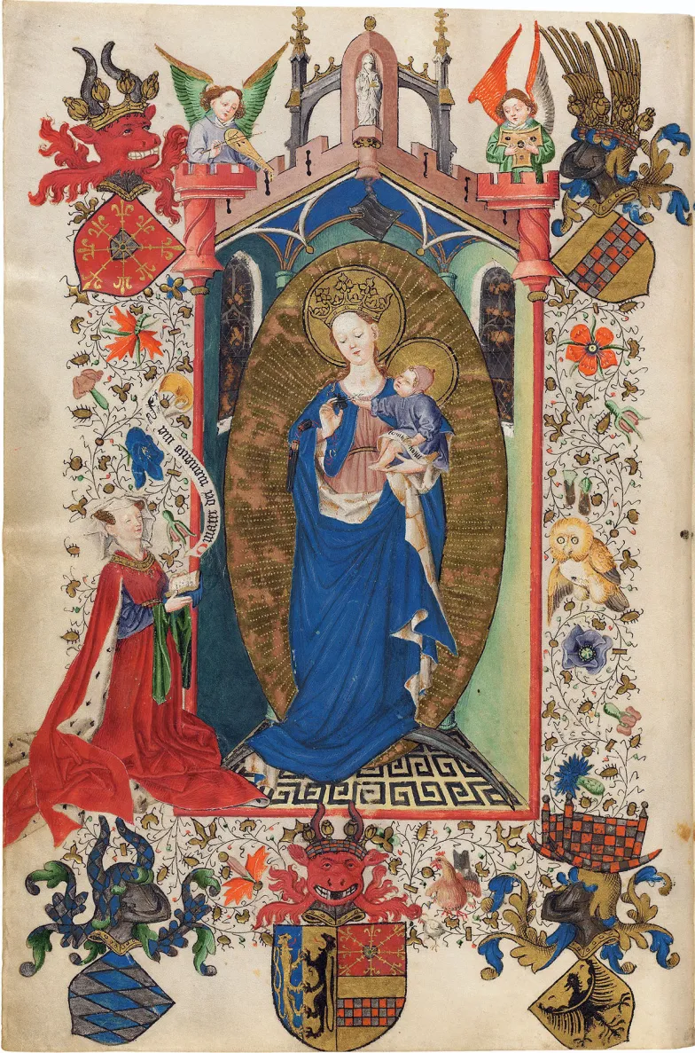 Fundatorka przed Madonną z Dzieciątkiem, Godzinki Katarzyny de Clèves, Utrecht, ok. 1440, The Morgan Library &amp; Museum, MS M.917/945, f. 1v, (Image courtesy of Faksimile Verlag Luzern)
