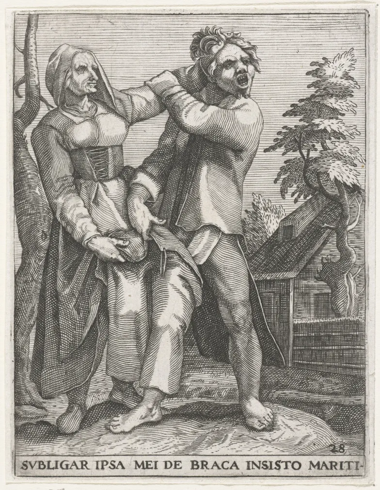 Walka o spodnie (SUBLIGAR IPSA MEI DE BRACA INSISTO MARITI) z serii Emblemata Saecularia, 1596, Johann Theodor de Bry (za: Gillis van Breen, za: Karel van Mander), Rijksmuseum, RP-P-BI-5214