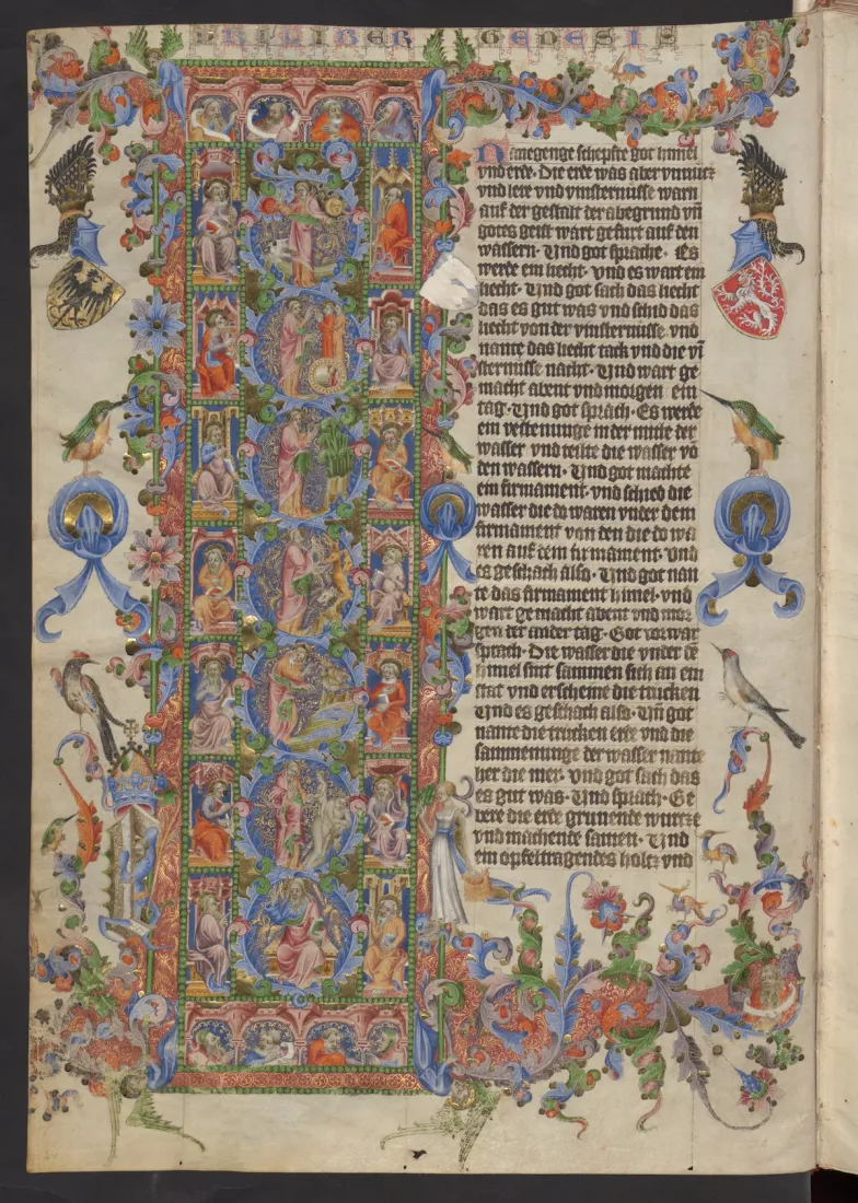 Biblia Wacława IV, inicjał I (początek Księgi Rodzaju), Praga ok. 1400, Österreichische Nationalbibliothek w Wiedniu, tom 1, Cod. 2759, fol. 2v