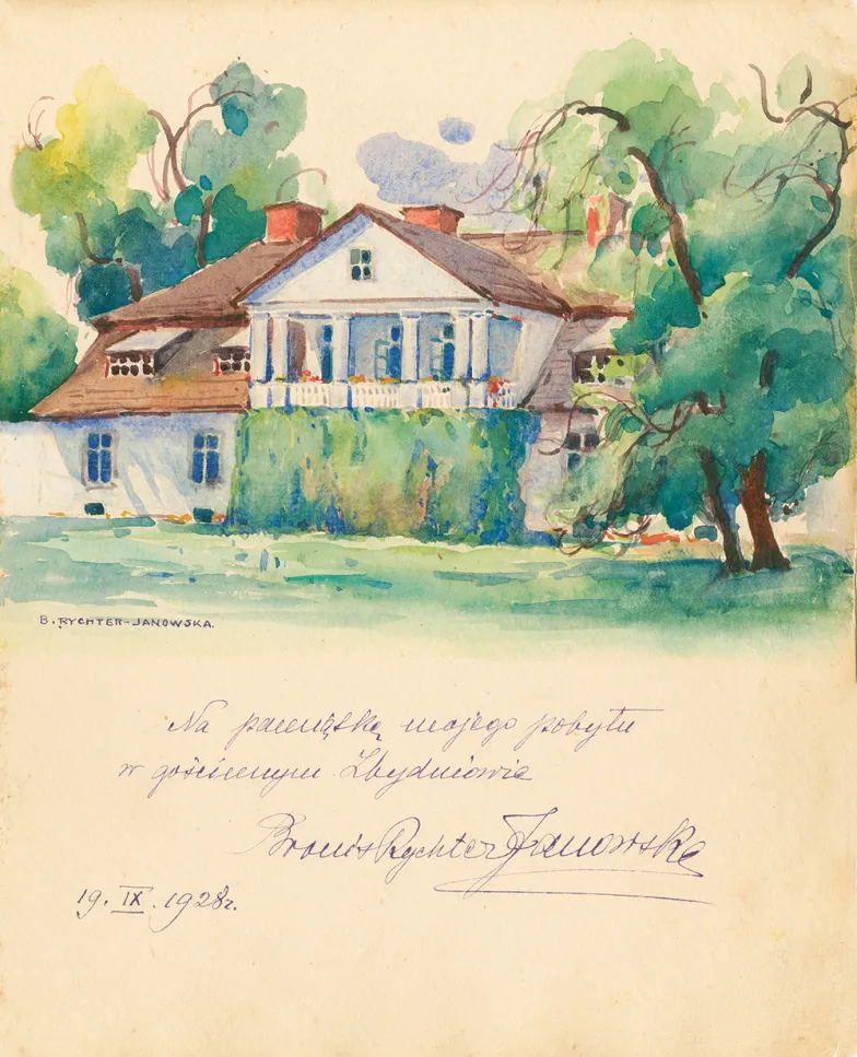 Pamiątkowa karta z&nbsp;akwarelą Beaty Rychter-Janowskiej. Zbydniów, 19 listopada 1928 r. / ARCHIWUM RODZINY HORODYŃSKICH