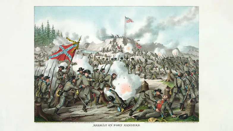 Bitwa o Fort Sanders. Konfederaci (z lewej) atakują Fort Sanders broniony przez wojska Unii. Hrabstwo Knox, Tennessee, 29 listopada 1863 r. Kurz & Allison, litografia, 1891 r. / LIBRARY OF CONGRESS