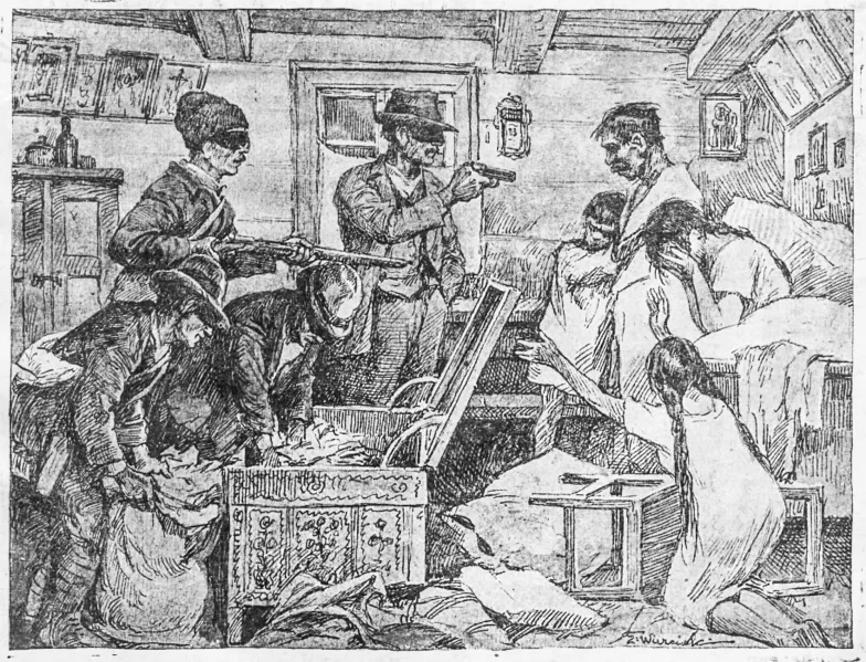 Tak jesienią 1921 r. napady bandyckie portretował rysownik tygodnika „Nowości Illustrowane” (ukazywał się w Krakowie w latach 1904-25). Nocny napad na zagrodę chłopską / Jagiellońska Biblioteka Cyfrowa / domena publiczna