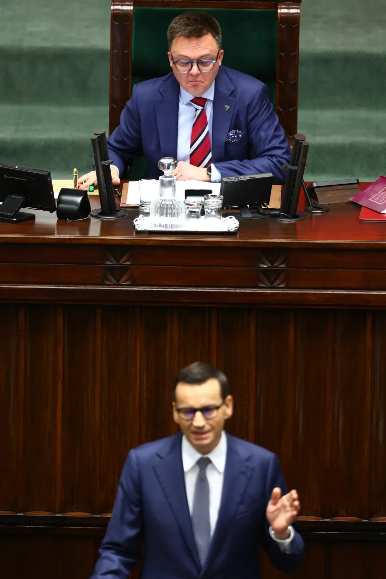 Premier Mateusz Morawiecki przemawia podczas 1. posiedzenia Sejmu X kadencji. Warszawa, 28.11.2023 / fot. ANDRZEJ IWANCZUK/REPORTER
