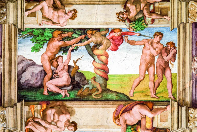 Fragment dekoracji sklepienia Kaplicy Sykstyńskiej (Michał Anioł, 1508-1512) ze scenami Grzechu pierworodnego i Wygnania z raju. Wąż ma postać kobiety - to apokryficzna Lilith / Materiały organizatora wystawy