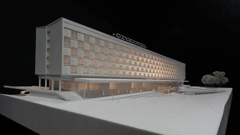 Makieta zwycięskiego projektu przebudowy budynku byłego hotelu Cracovia autorstwa Biura Projektów Lewicki i Łatak / materiały prasowe