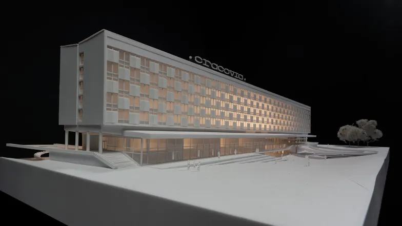 Makieta zwycięskiego projektu przebudowy budynku byłego hotelu Cracovia autorstwa Biura Projektów Lewicki i Łatak / materiały prasowe Makieta zwycięskiego projektu przebudowy budynku byłego hotelu Cracovia autorstwa Biura Projektów Lewicki i Łatak / materiały prasowe